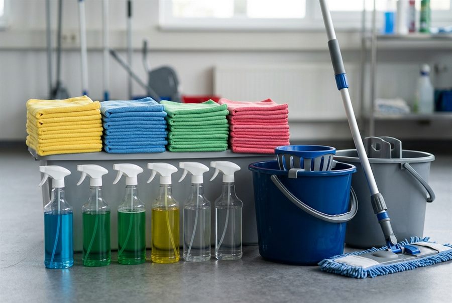Ordentlich sortierte Profi-Reinigungsausrüstung mit farblich getrennten Mikrofasertüchern